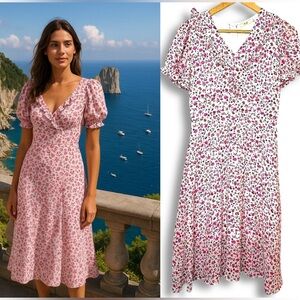 Vintage 90s Ditzy Floral Silky Midi Ruffled Neckline Dress Brenda Walsh Style